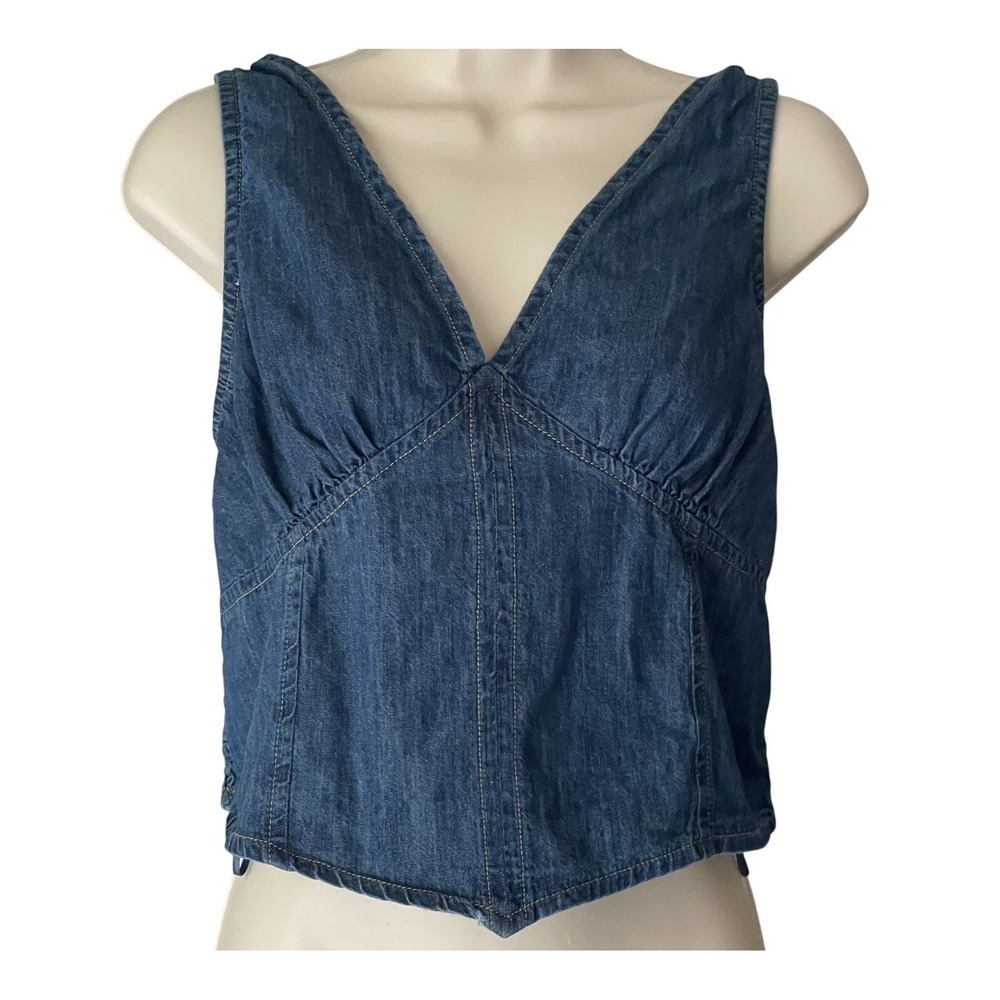 Lone Star Denim Tank Top Womens L Western Cowgirl Smocked V Neck Pointed Hem